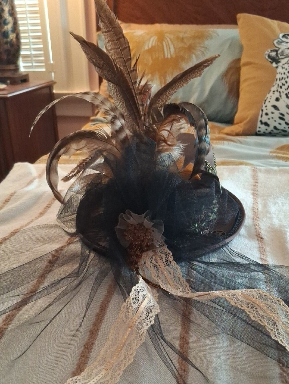 Brown Steampunk Top Hat with Feather and Gear Accents - Picture 4 of 9